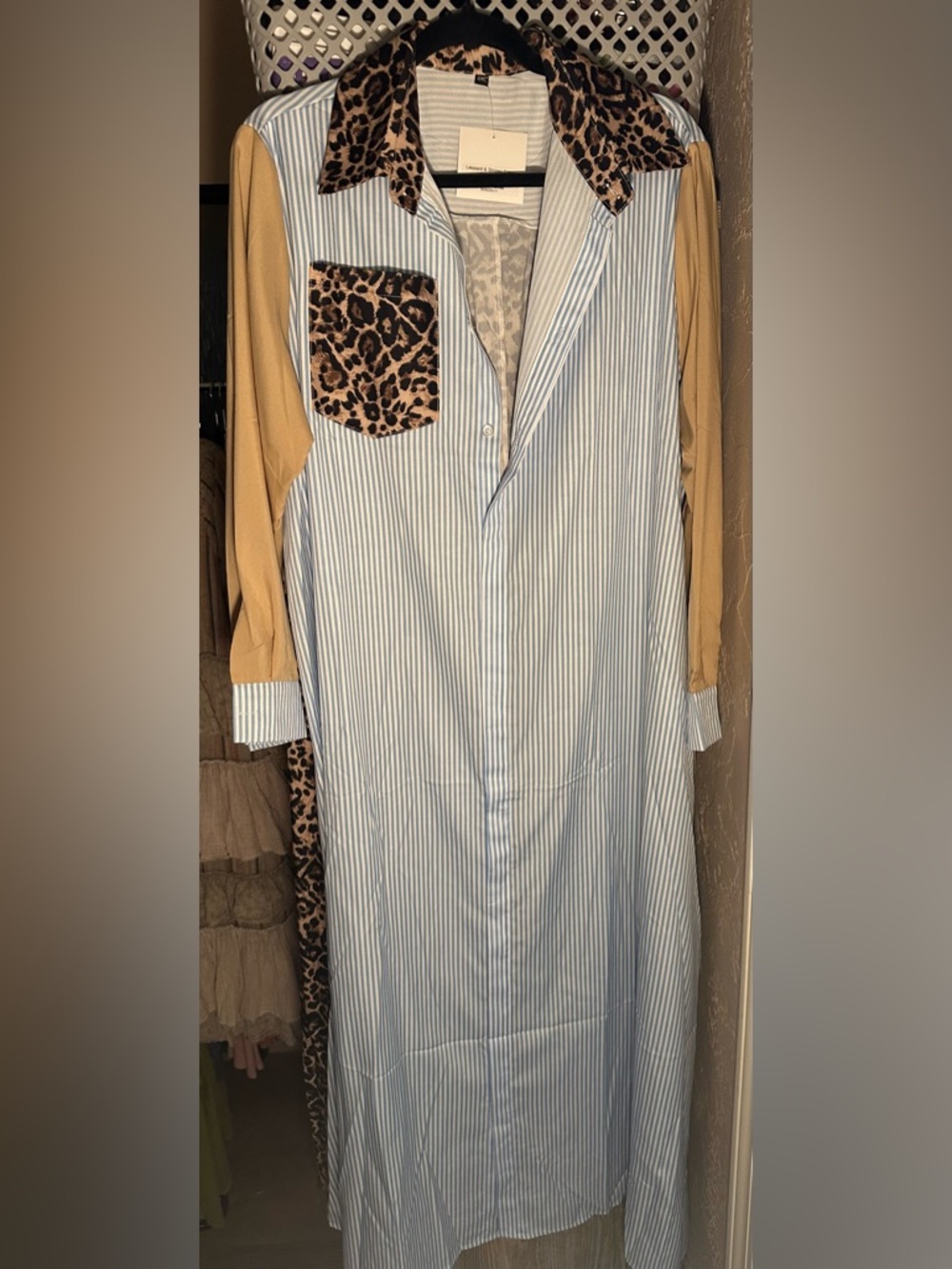 Blue & White Striped Button-Front Dress with Leopard Pocket